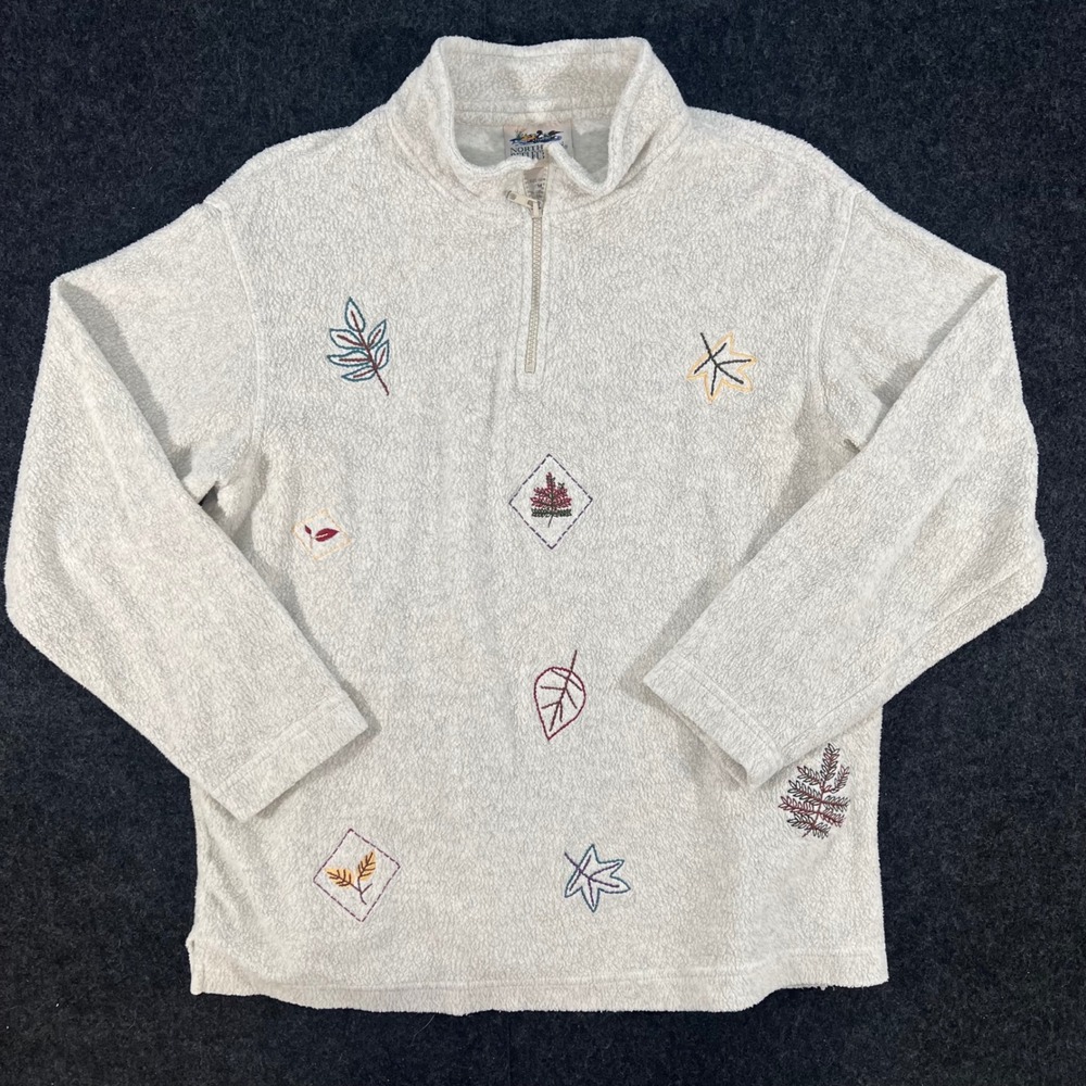 Northern Reflections Fleece Pullover Womens Medium Cream Embroidered Leaf 90s